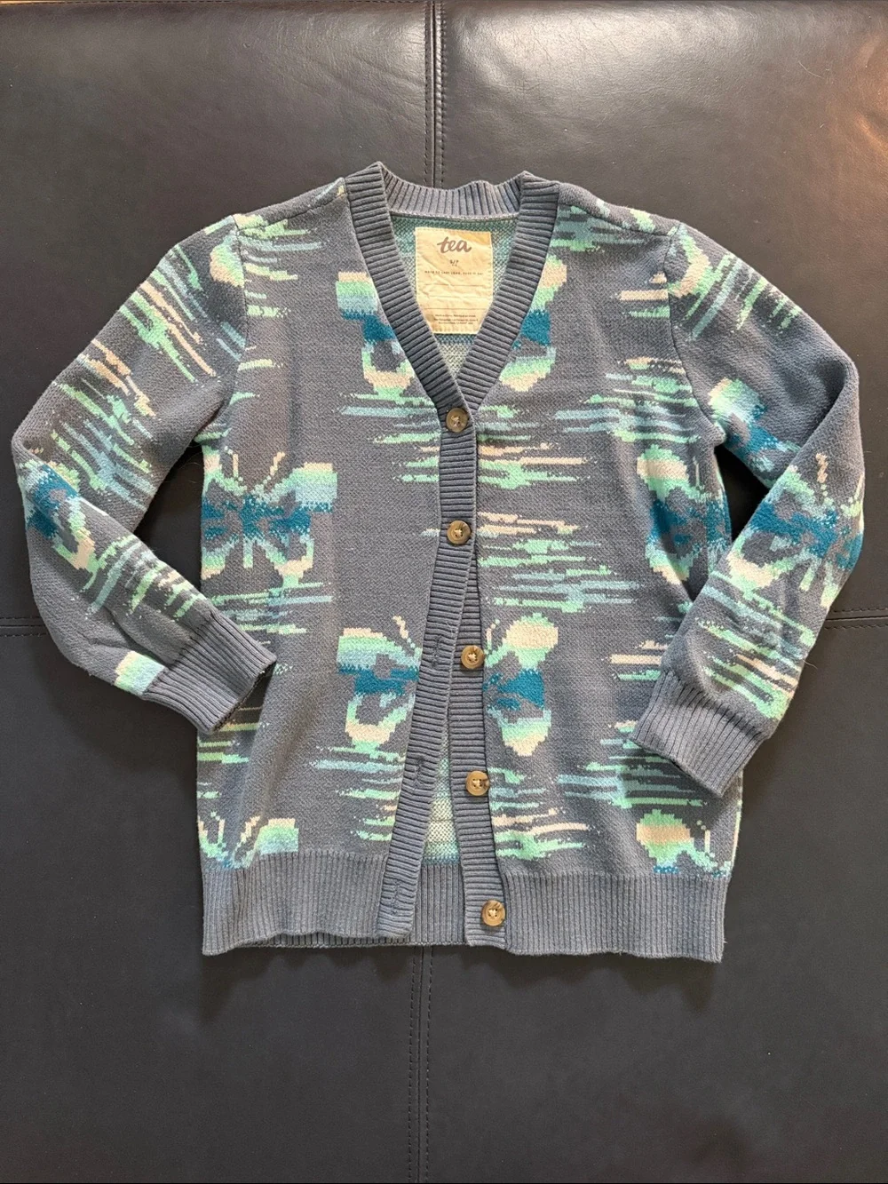 Tea Collection Blue Cardigan with Aqua and Mint Butterfly Motif